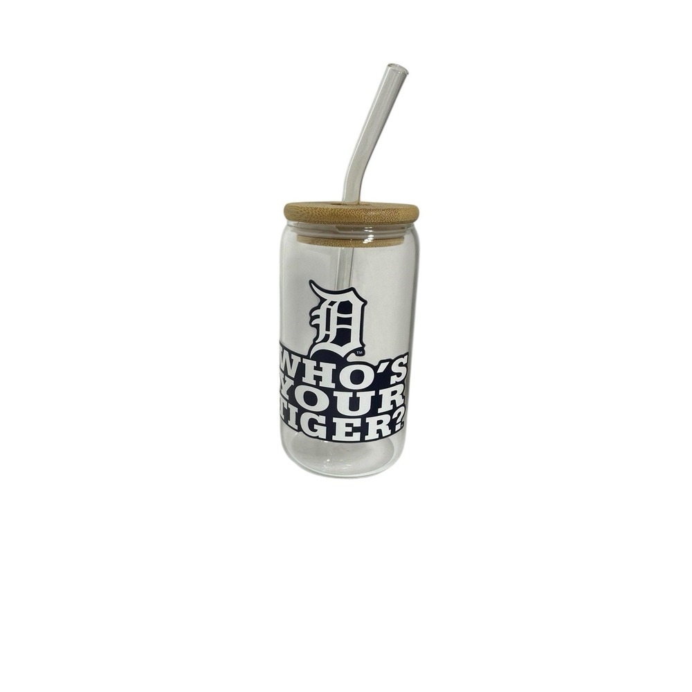 NEW custom‎ GLASS TUMBLER bamboo lid GLASS STRAW handmade tigers
